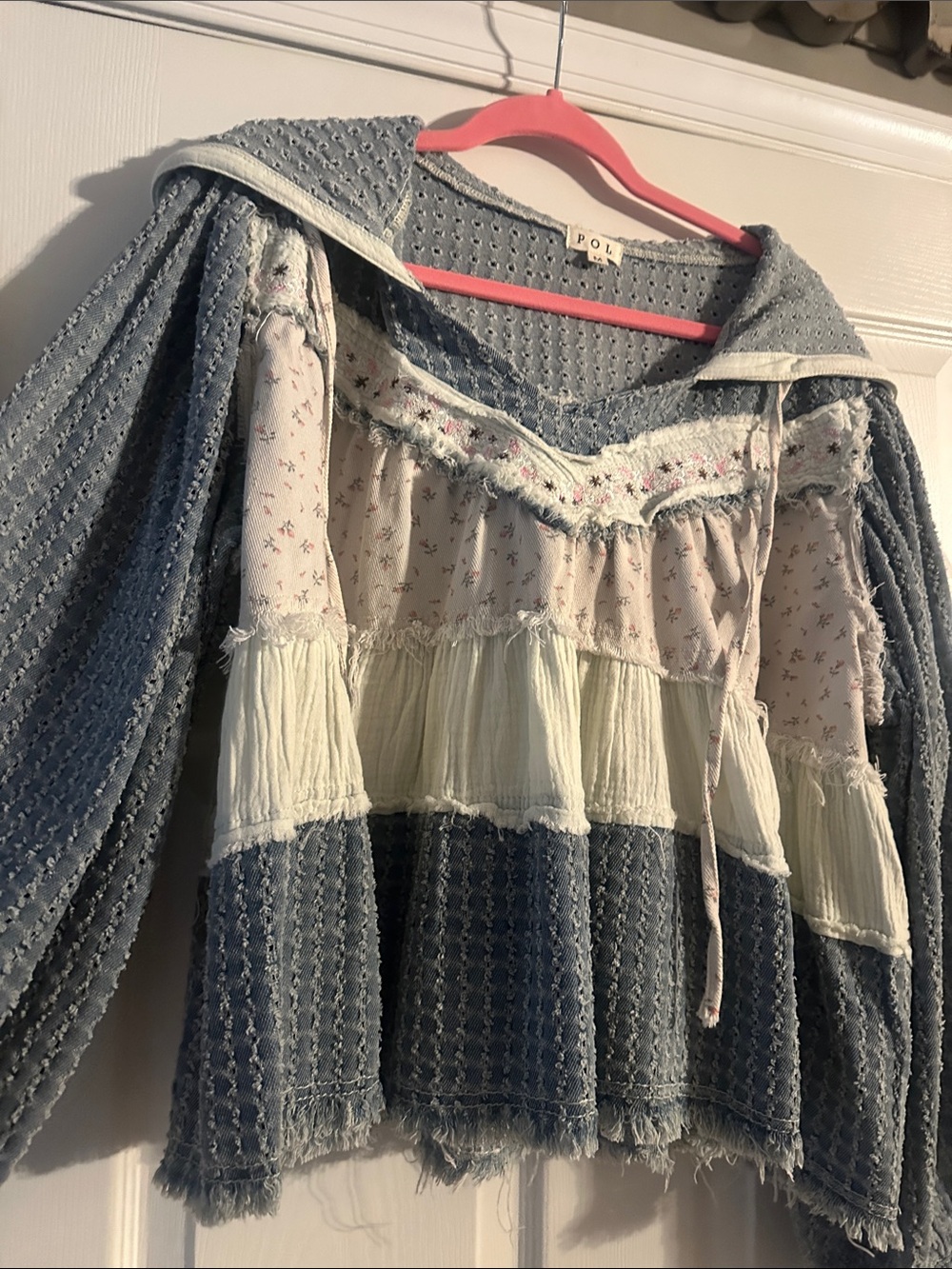 POL Patchwork Peasant Top in Dusty Blue & Cream - Picture 3 of 7